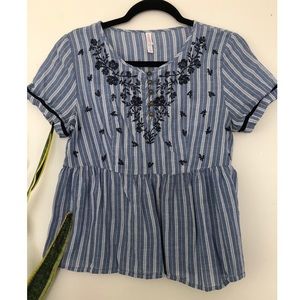 Blue striped/embroidered blouse